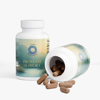 Prostate support supplement bottle lying with brown capsules spilling from open top