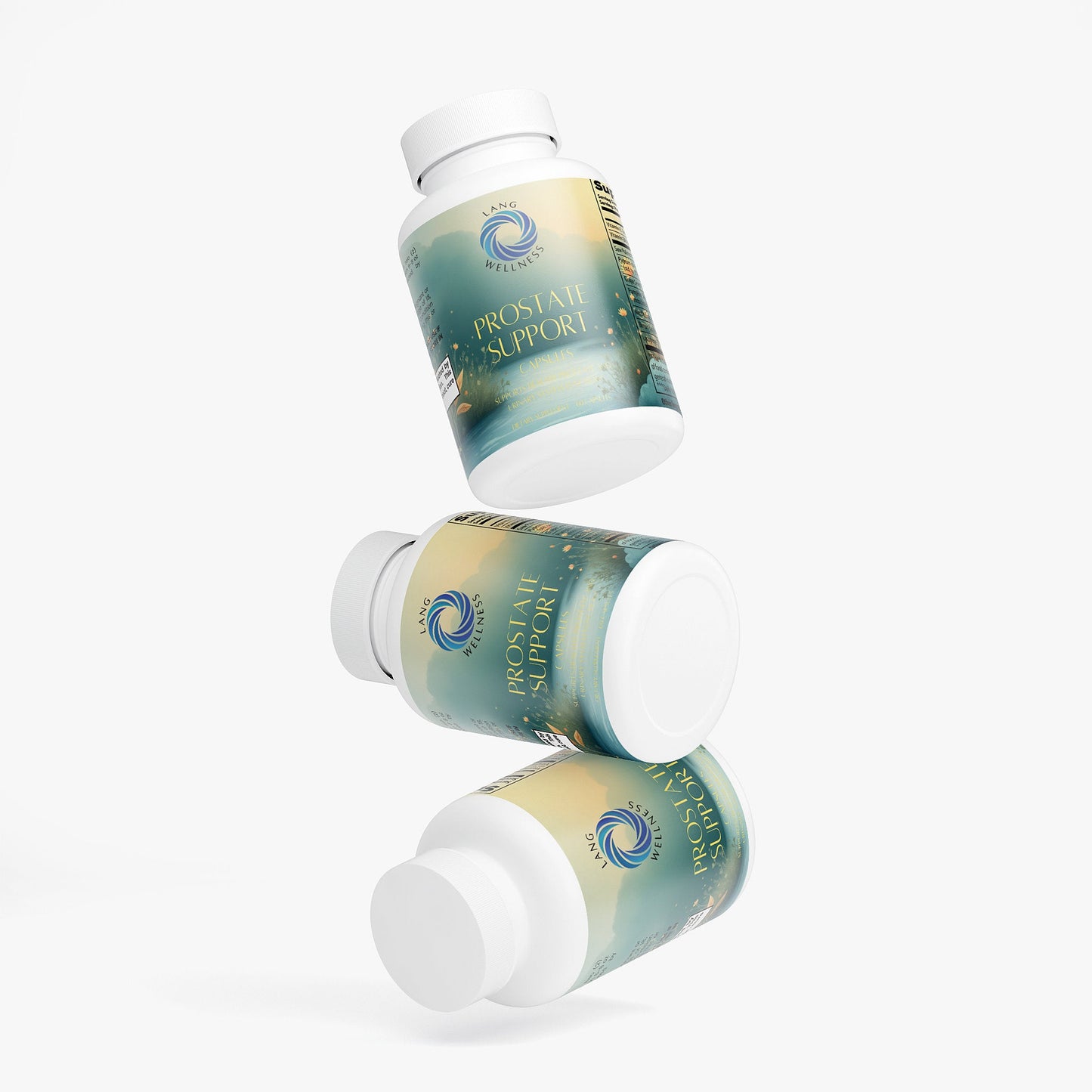 Prostate support supplement bottles and capsules shown at an angled view