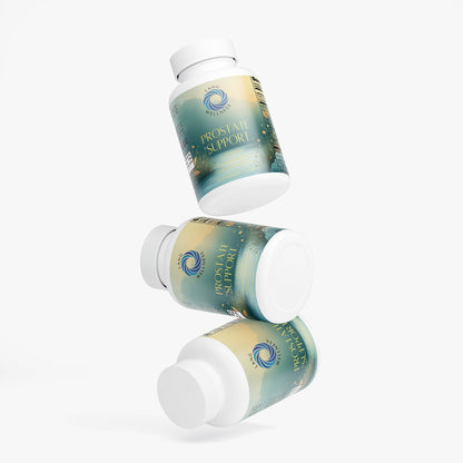 Prostate support supplement bottles and capsules shown at an angled view