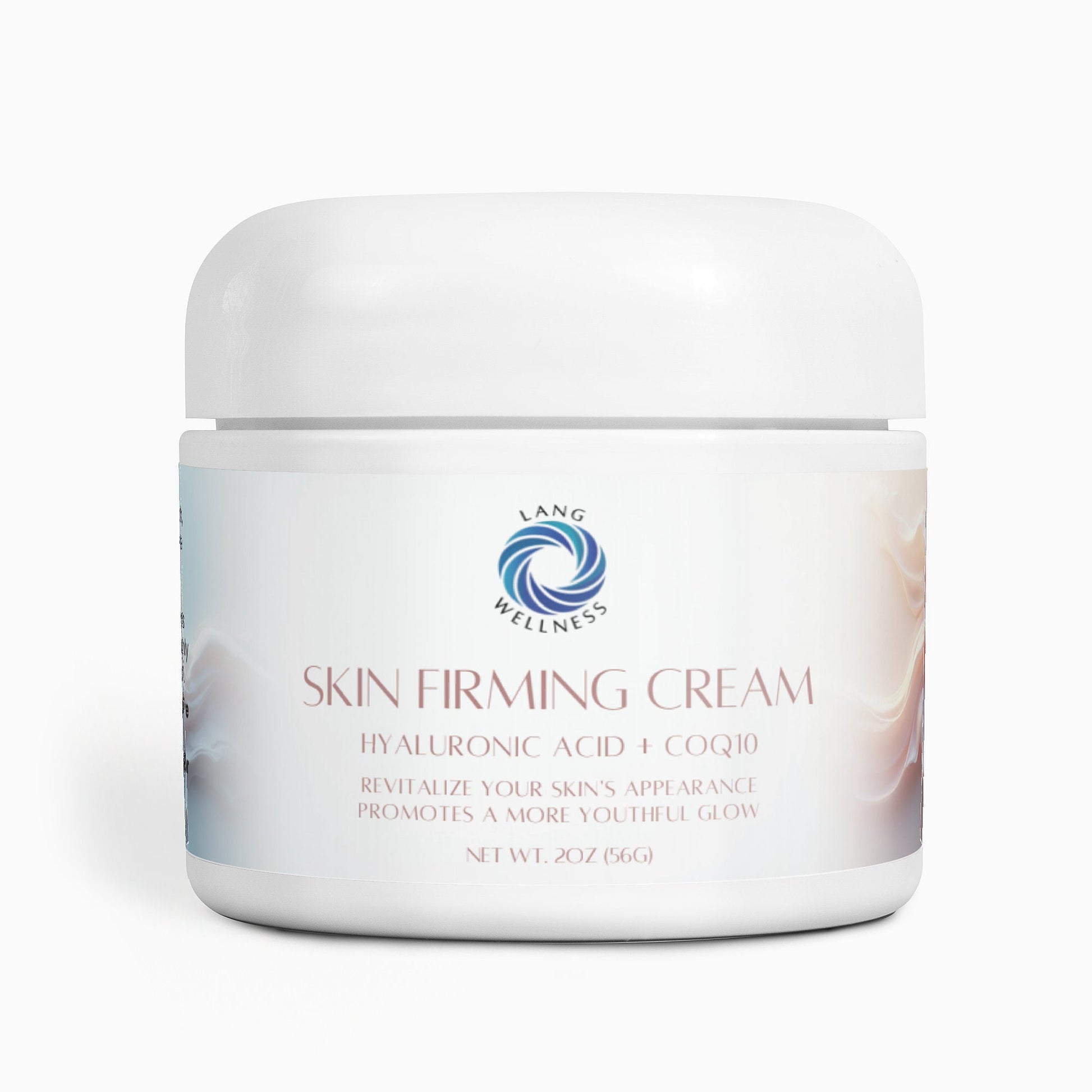 Skin firming cream jar with white lid, front label facing forward