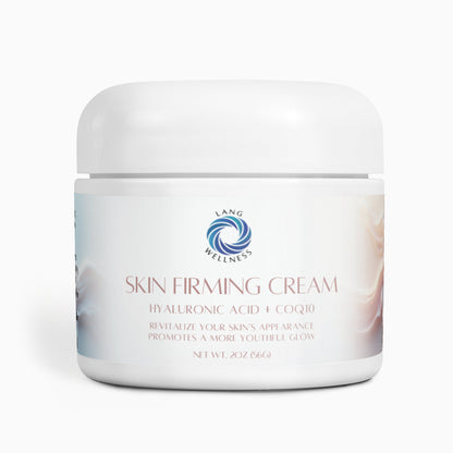 Skin firming cream jar with white lid, front label facing forward