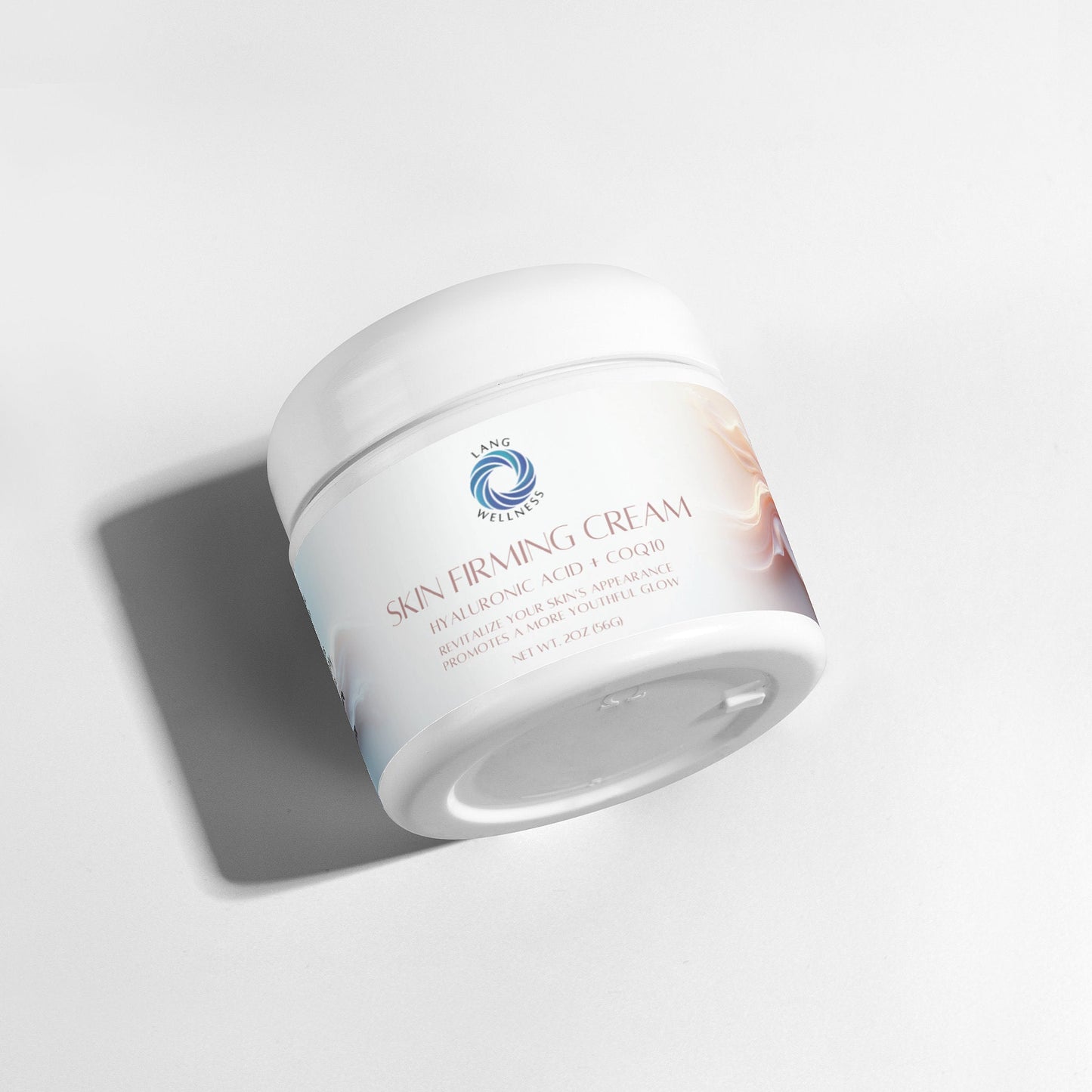 Skin firming cream jar at an angle, white lid and front label visible