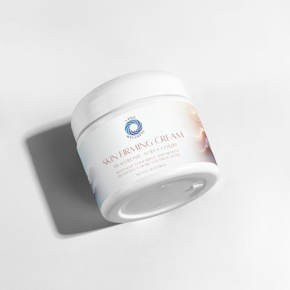 Skin firming cream jar at an angle, white lid and front label visible