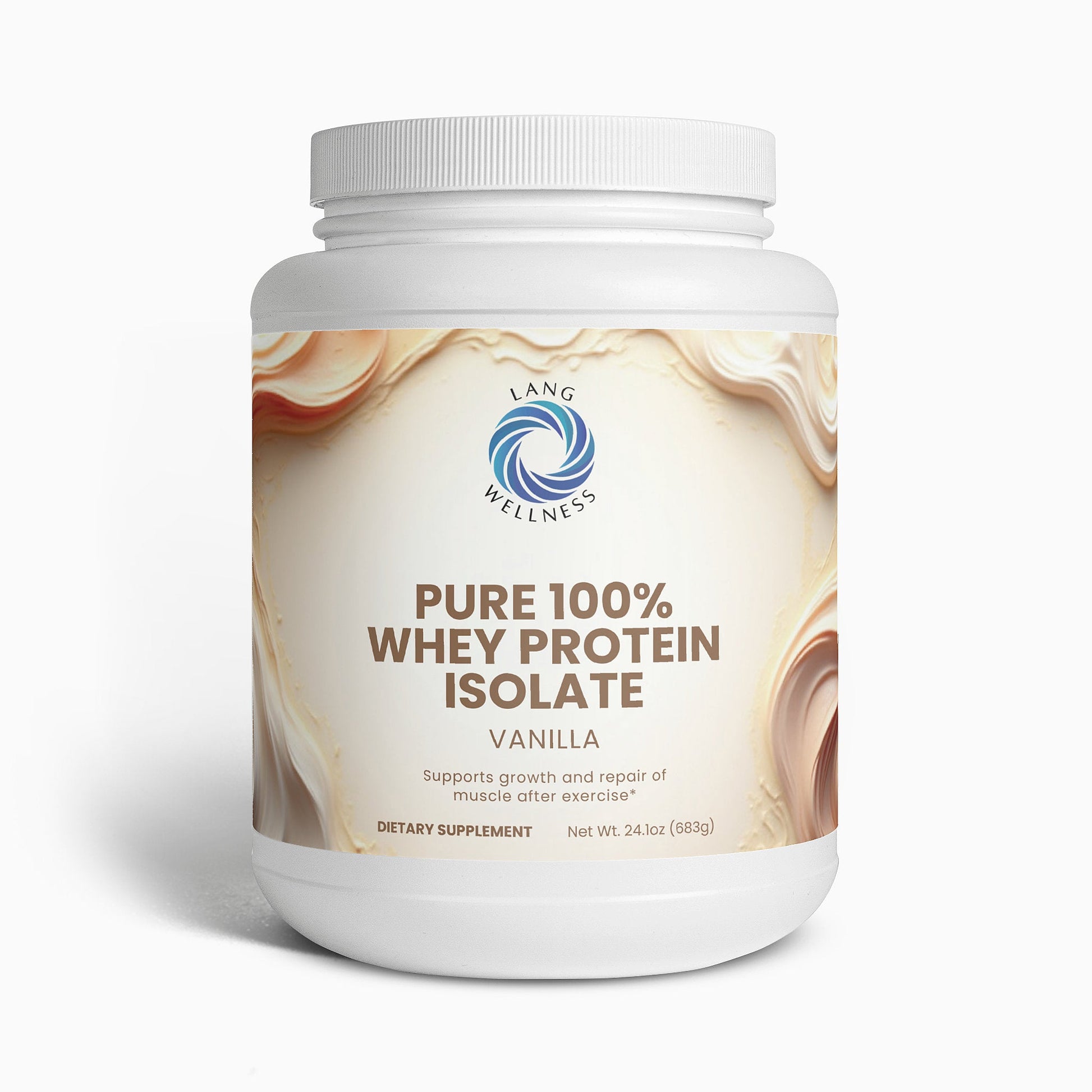 Vanilla whey protein isolate jar with white lid and cream label