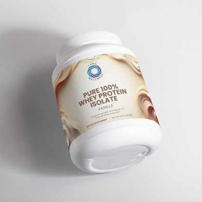 Vanilla whey protein isolate tub with white lid and cream label, side angle