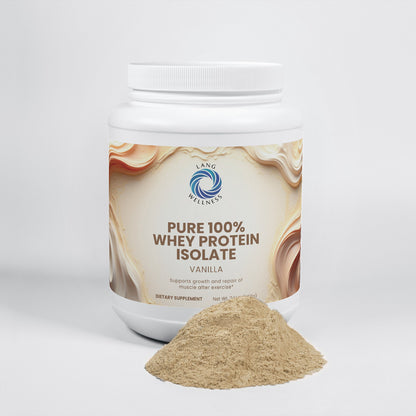 Vanilla whey protein isolate tub with tan powder heap and white lid