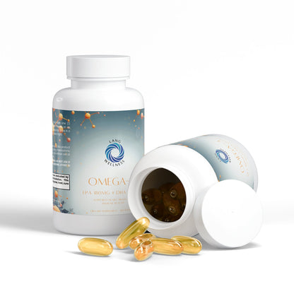 Omega-3 supplement bottle with open cap and yellow softgels