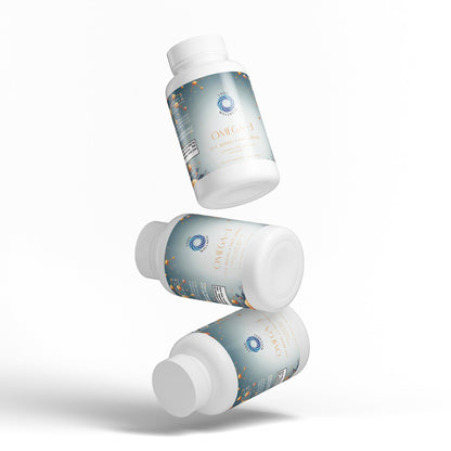 Omega-3 supplement bottles with yellow softgels spilling on white background
