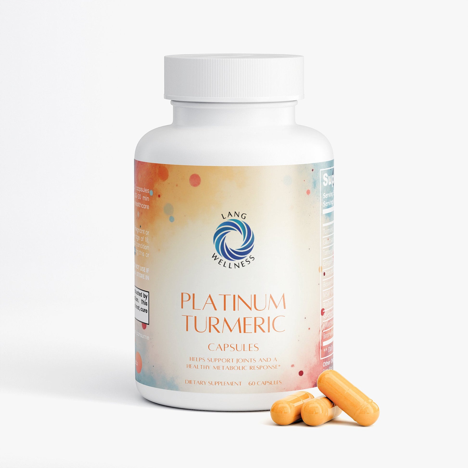 Turmeric capsules bottle with white cap and orange capsules beside it