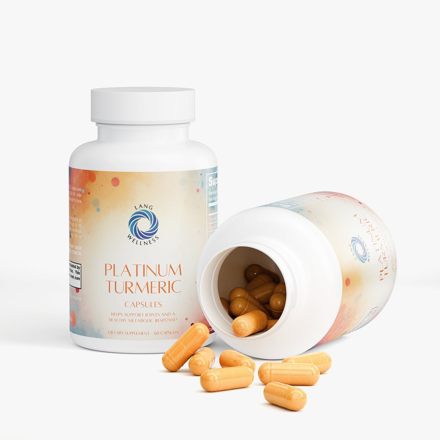 Turmeric capsules bottle with open lid; orange capsules spilling out