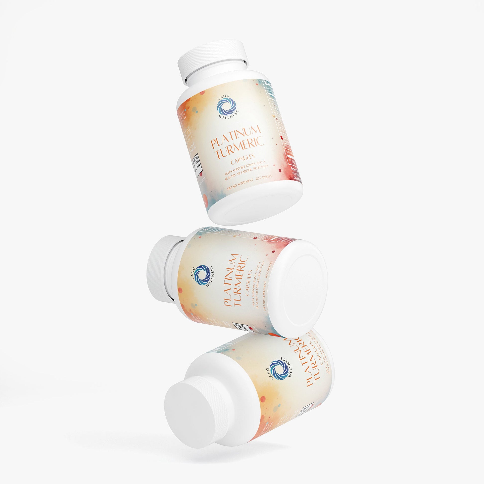 Turmeric capsules bottle with white caps; bottle shown from side