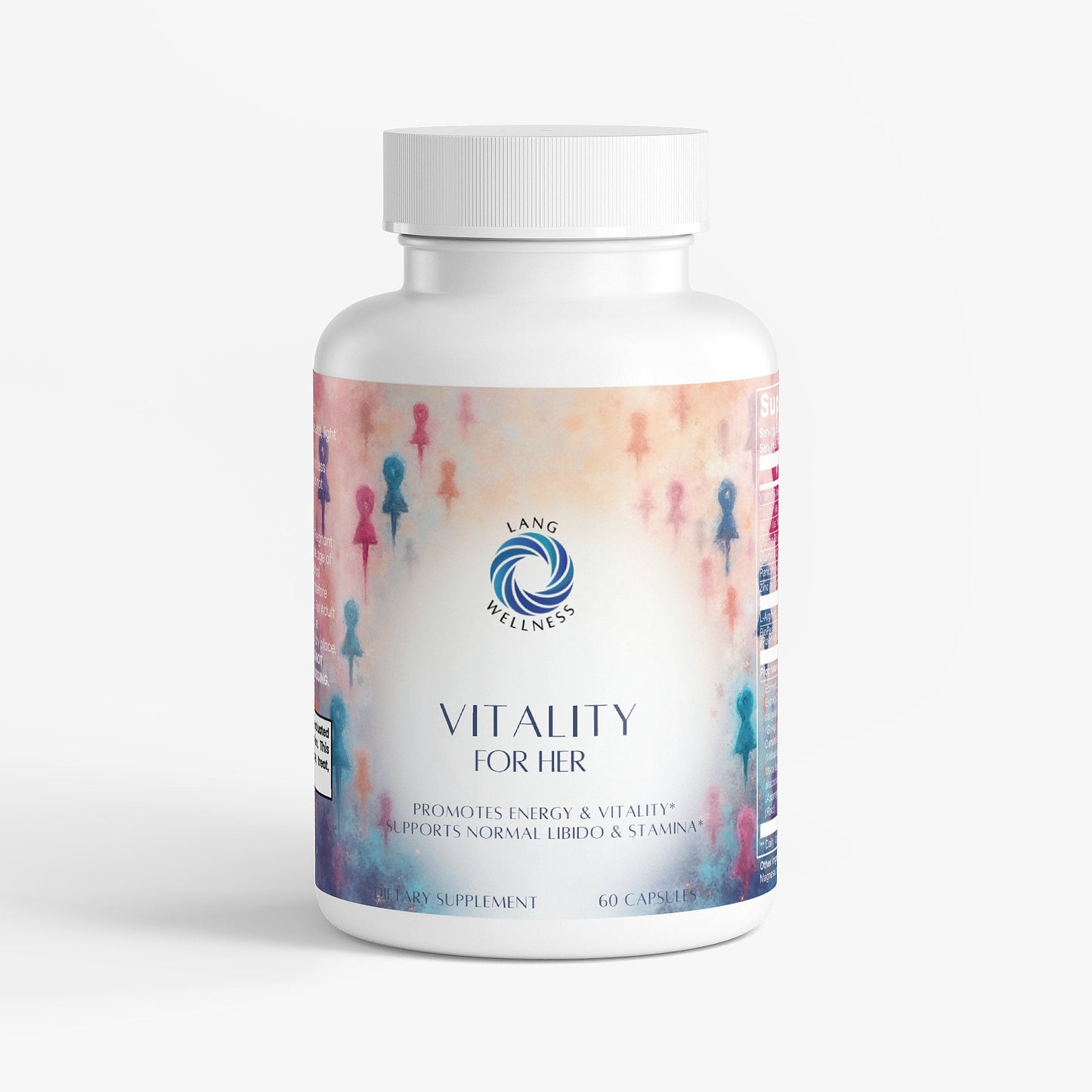 Supplement bottle with white cap and colorful front label, "Vitality for her"