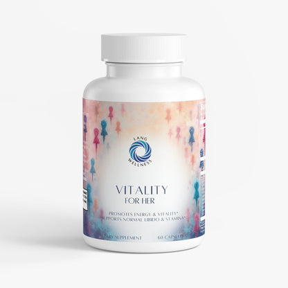 Supplement bottle with white cap and colorful front label, "Vitality for her"