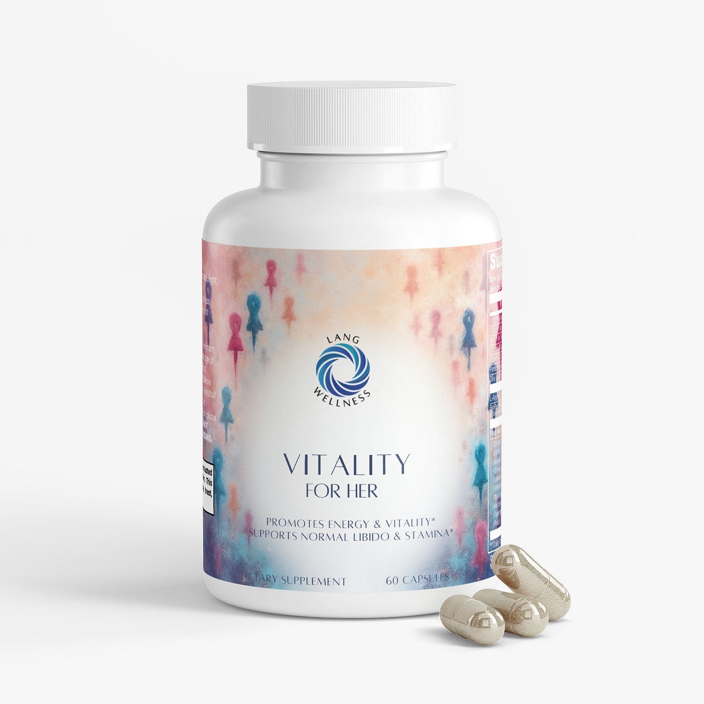 Supplement bottle with white cap; "Vitality for her" label plus nearby softgels