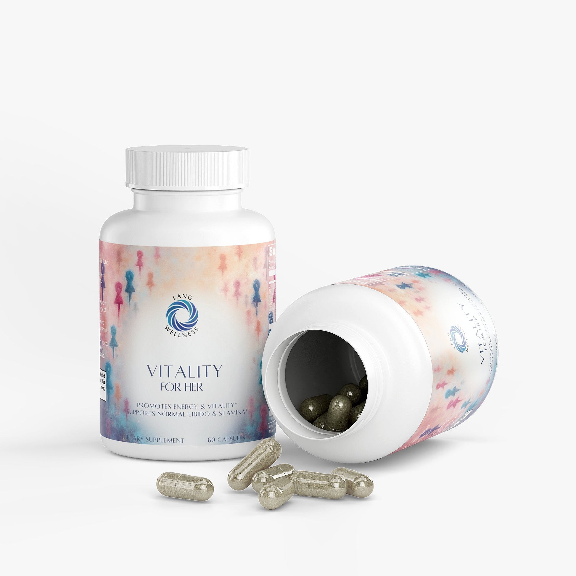 Supplement bottle with white cap open; "Vitality for her" label and dark capsules