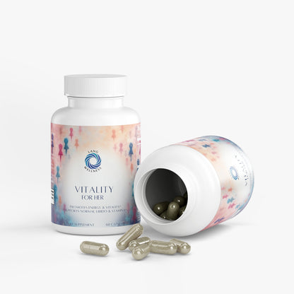 Supplement bottle with white cap open; "Vitality for her" label and dark capsules