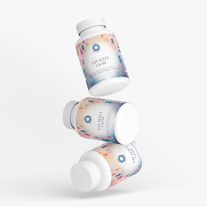 Supplement bottle and matching bottle at angle; colorful "Vitality for her" label