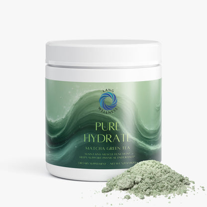 Matcha green tea hydration cream jar with green powder pile on the front