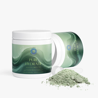Matcha green tea cream jars with green powder spill on a white surface