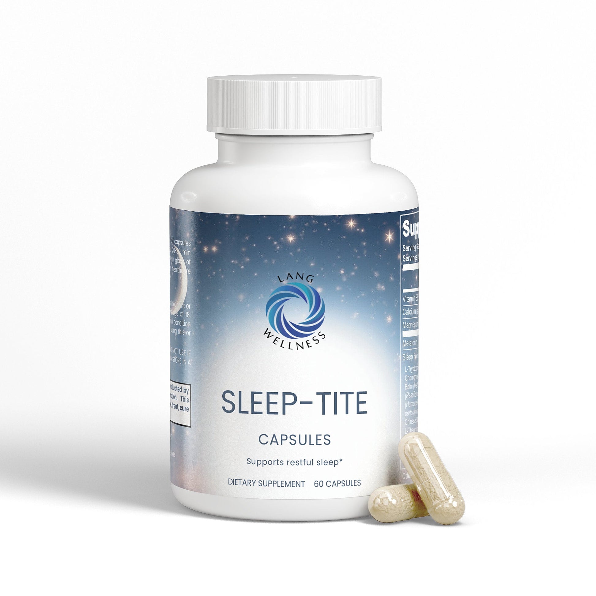 Capsules bottle with white cap and blue label, with a few capsules