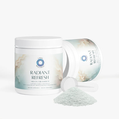 Radiant Refresh cream jar with second jar and light-gray powder nearby