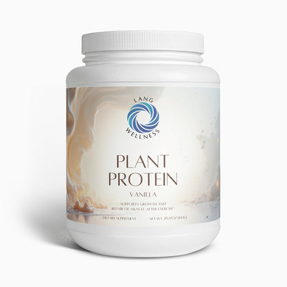 Vanilla protein powder tub, white bottle with printed label and ribbed cap