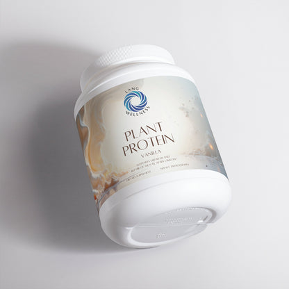 Vanilla protein powder tub, white bottle viewed at an angle with printed label