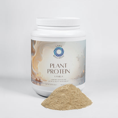 Vanilla protein powder tub with vanilla powder scoop and light beige powder mound