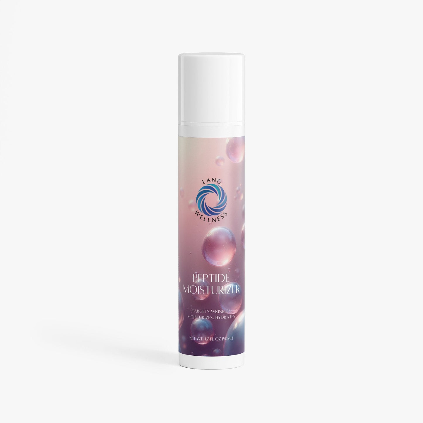 Moisturizer bottle with white cap and purple label on a plain background