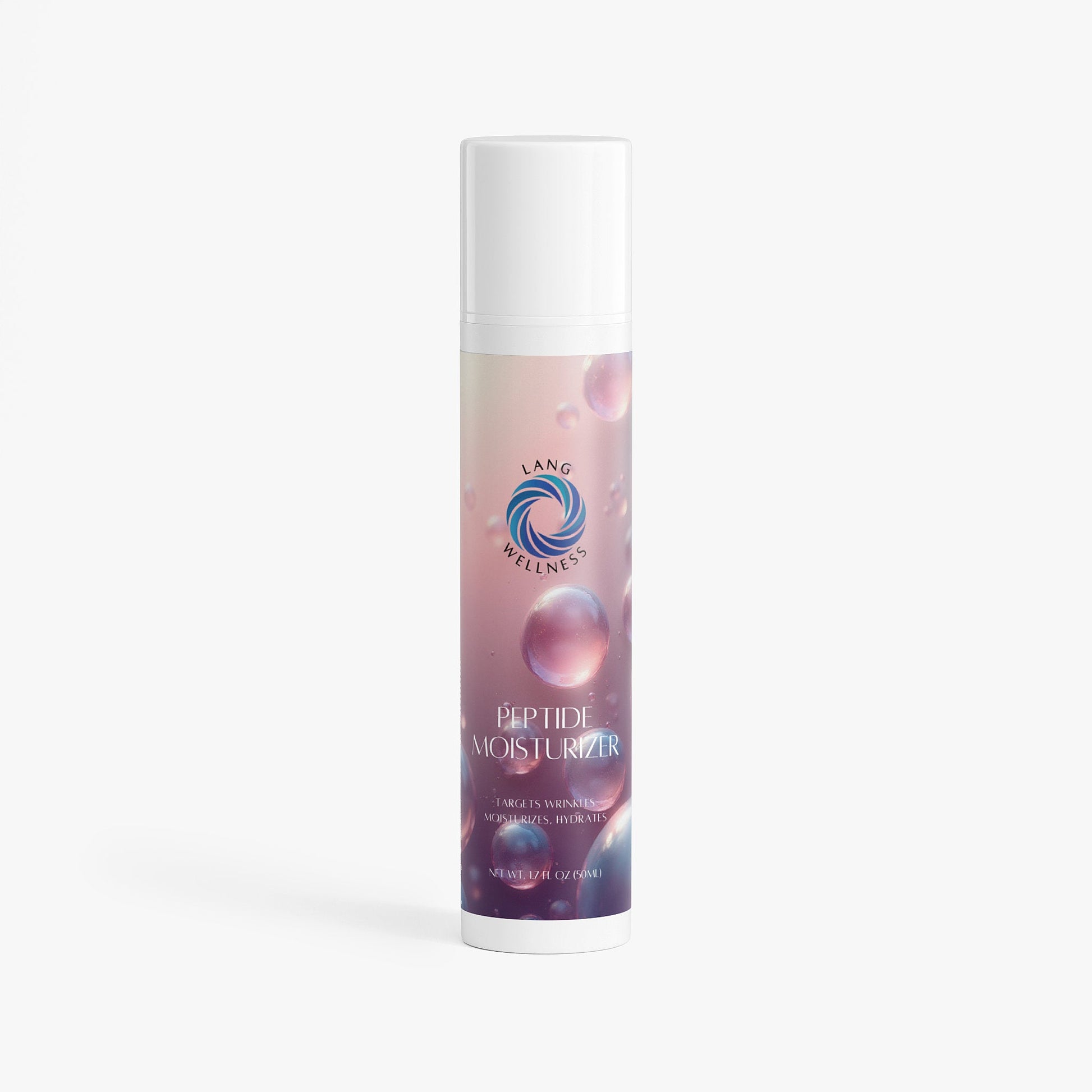 Moisturizer bottle with white cap and purple label on a plain background