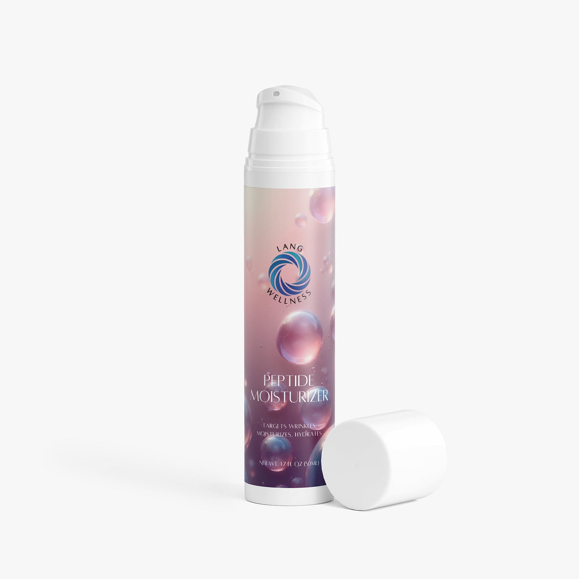 Moisturizer bottle with white cap and purple label with white pump top beside it