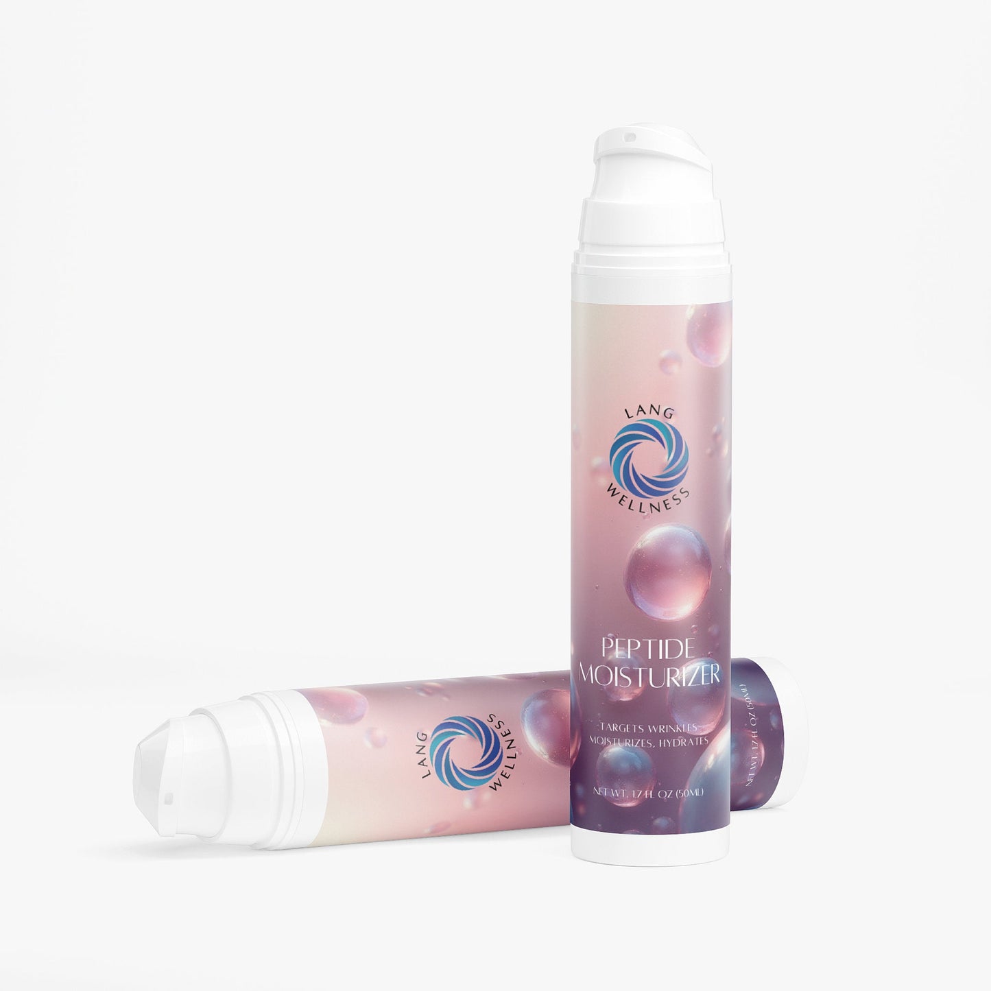 Peptide moisturizer pump bottle and tube, pink liquid with white caps, one standing