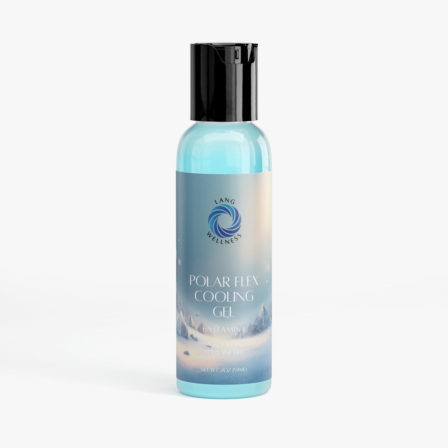Polar cooling gel bottle, clear blue bottle with black metallic dispenser cap