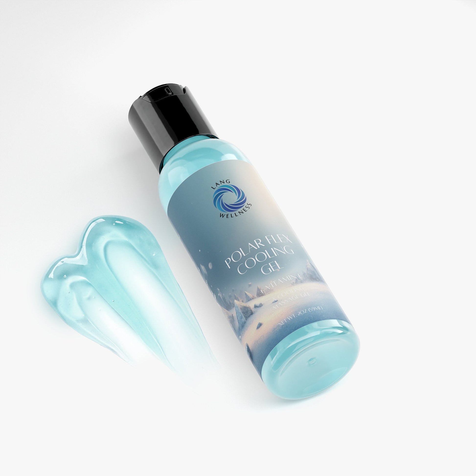 Cooling gel bottle with black pump; pale blue gel dollop shown beside it