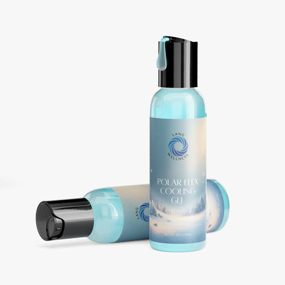 Cooling gel bottle with black pump and second bottle lying down, blue liquid