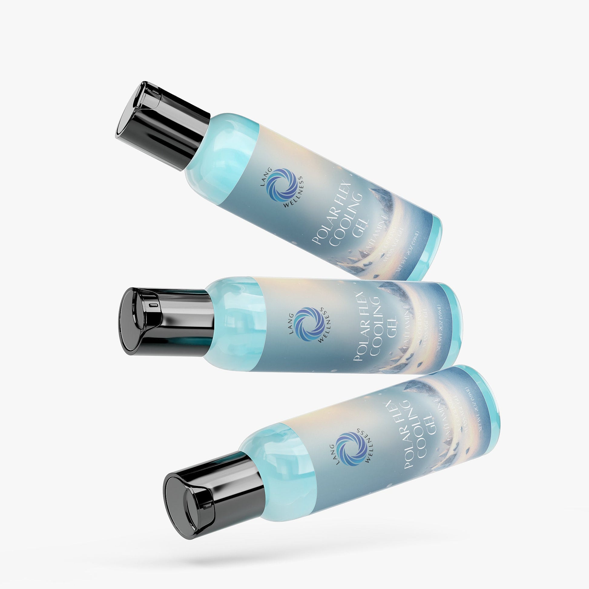 Set of three cooling gel bottles with black pump tops and pale blue liquid