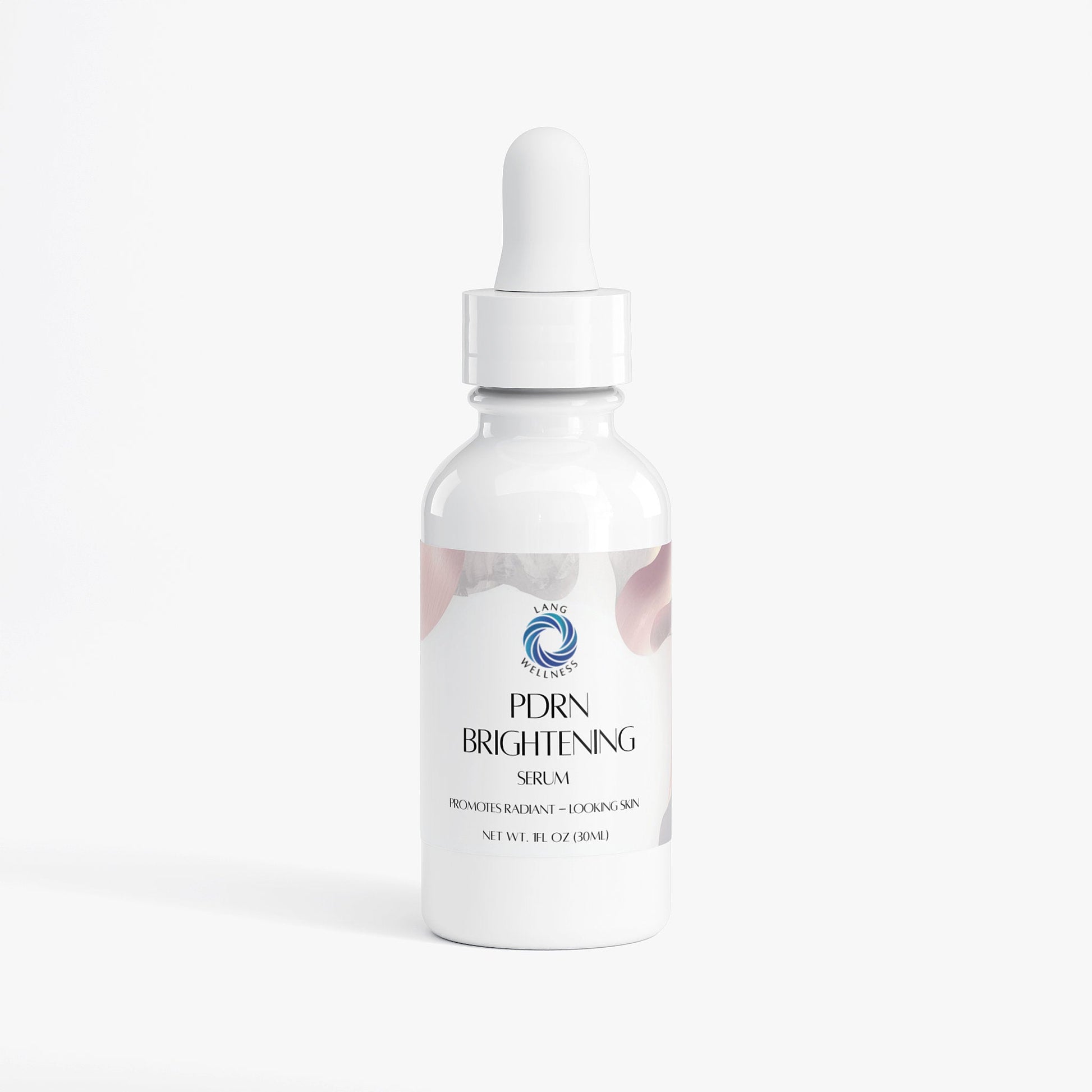 Brightening serum bottle with dropper and white label on clear glass, isolated