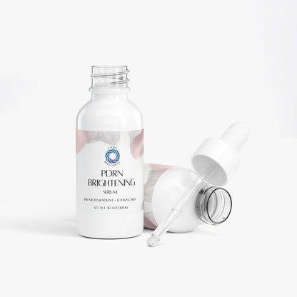 PDRN brightening serum bottle with white pump and open dropper