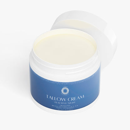 Tallow cream jar filled with pale cream, thick smooth texture