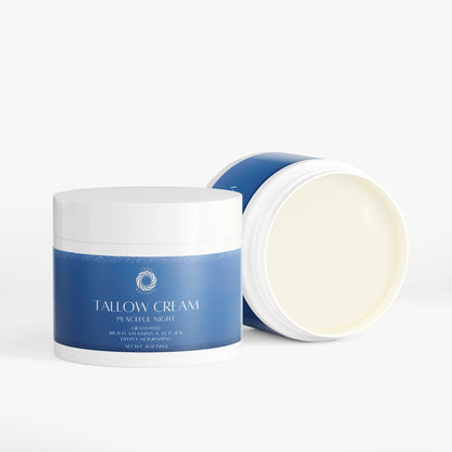 Tallow cream jar with lid open, smooth pale-cream surface visible