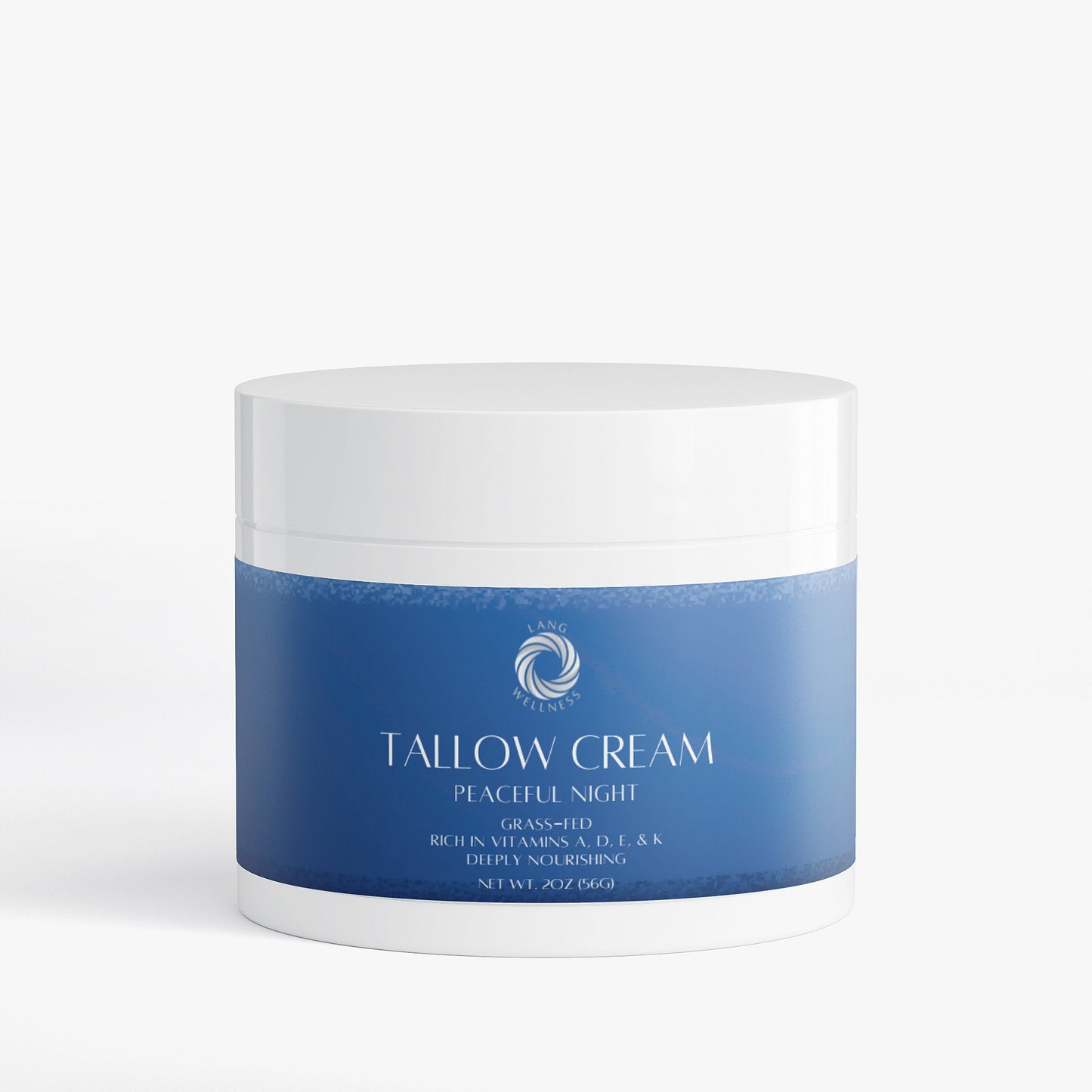 Tallow cream jar with white lid and blue label band, centered logo
