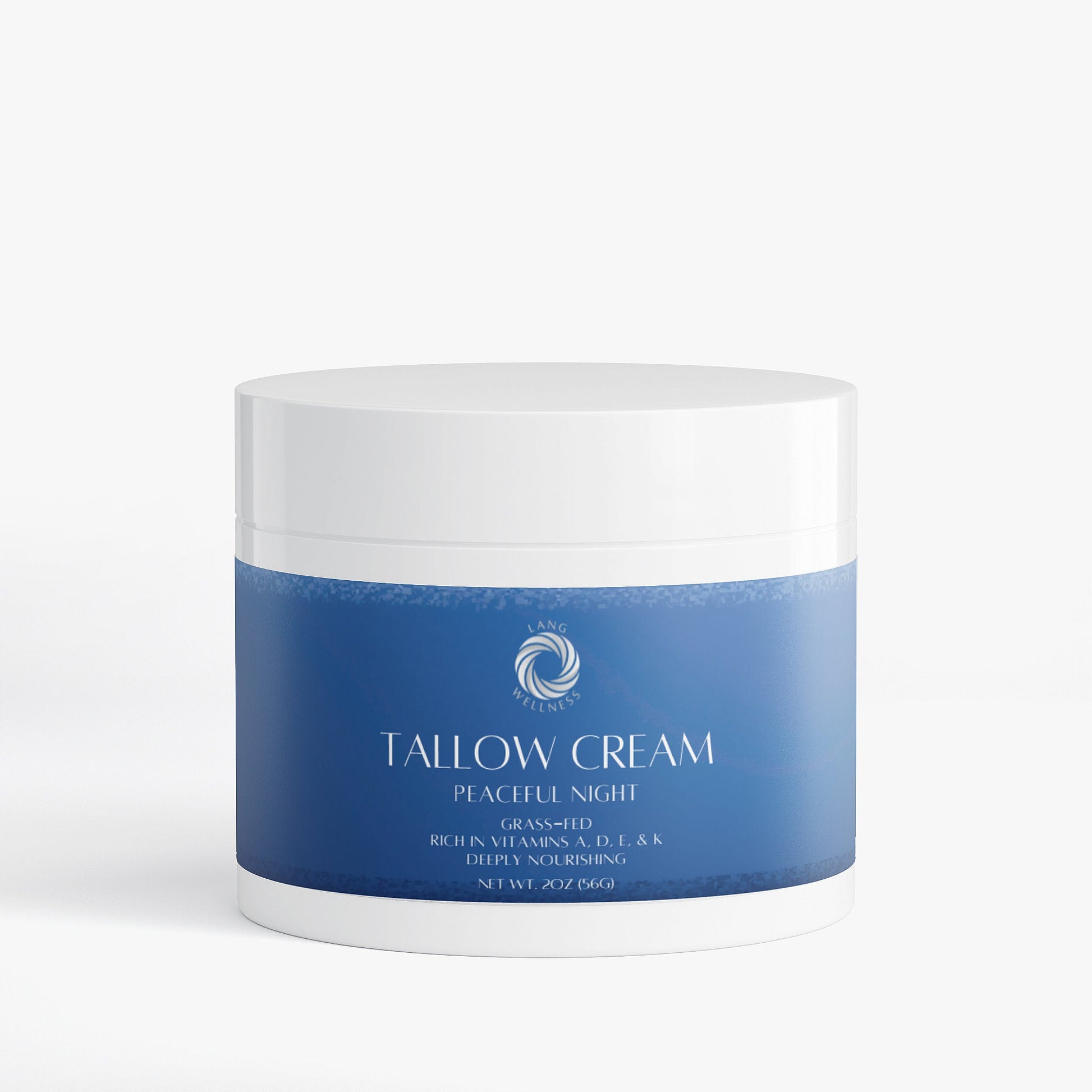 Tallow cream jar with white lid and blue label band, centered logo