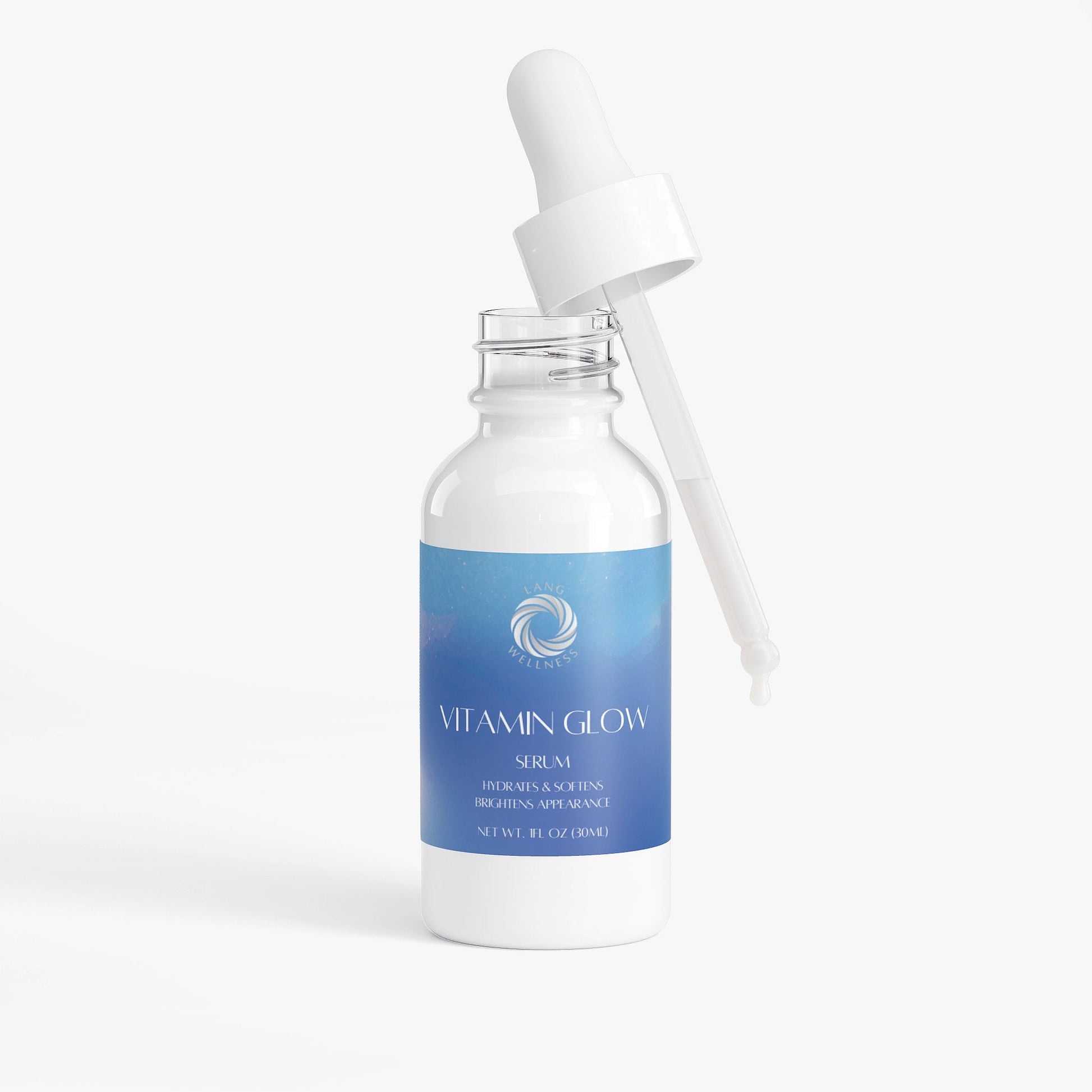 Vitamin glow serum bottle with dropper pipette, tilted product view