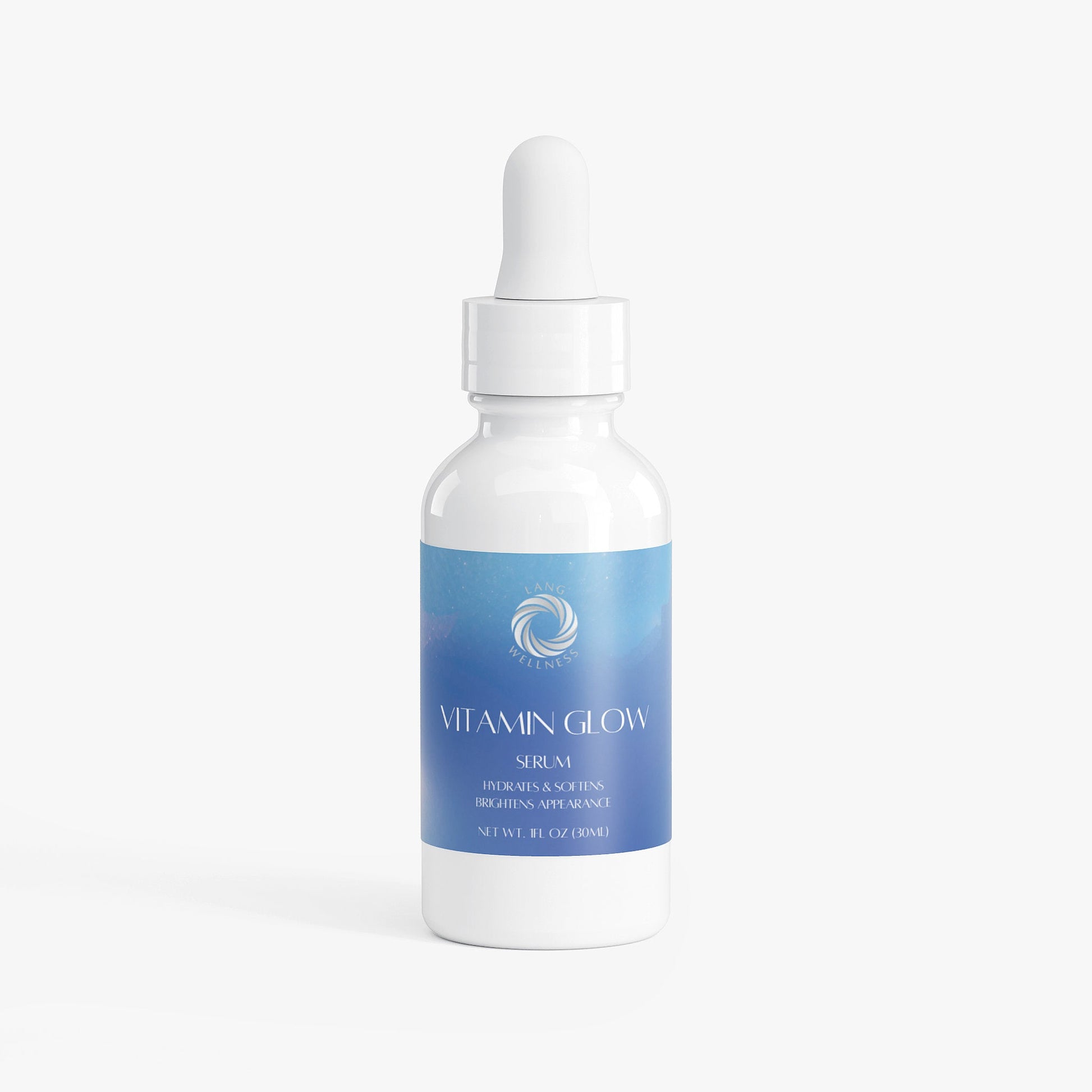 Vitamin glow serum bottle with white dropper cap, front label visible