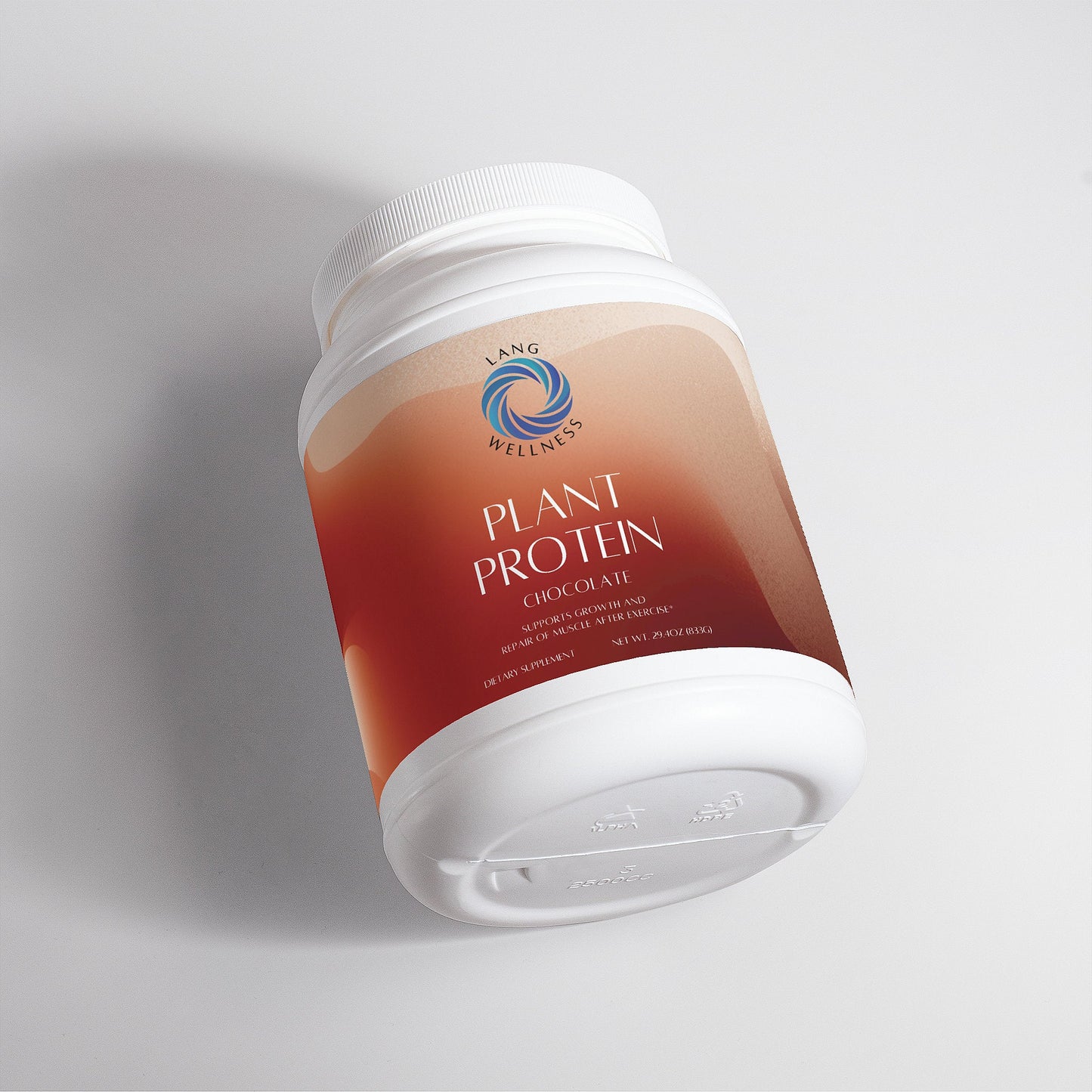 Plant protein tub angled view, white cap and red-brown chocolate label