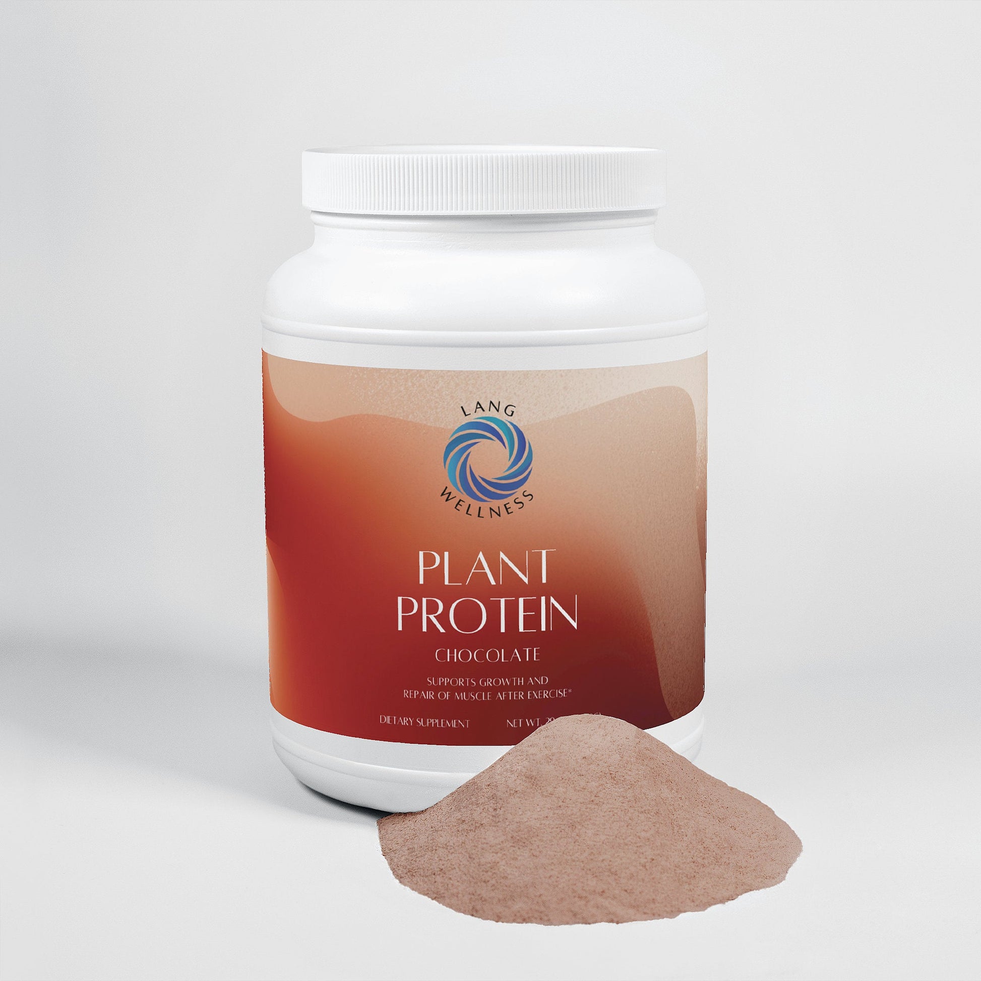 Plant protein tub with scoop of light beige chocolate powder