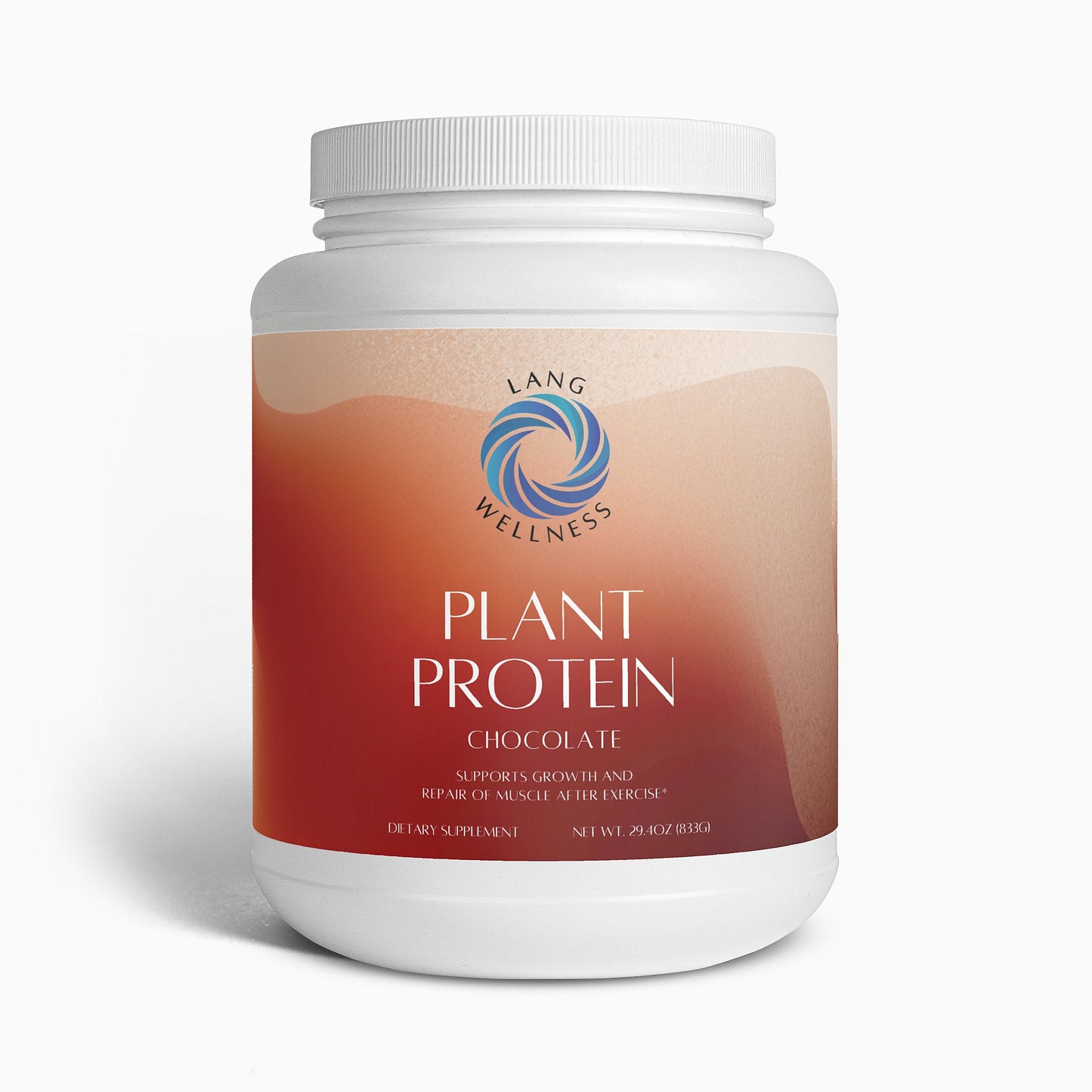 Plant protein tub with white lid, front label in red-brown and beige tones