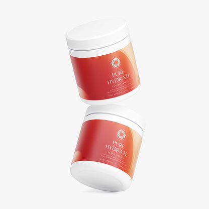 Two skincare hydration jars with red labels and white lids