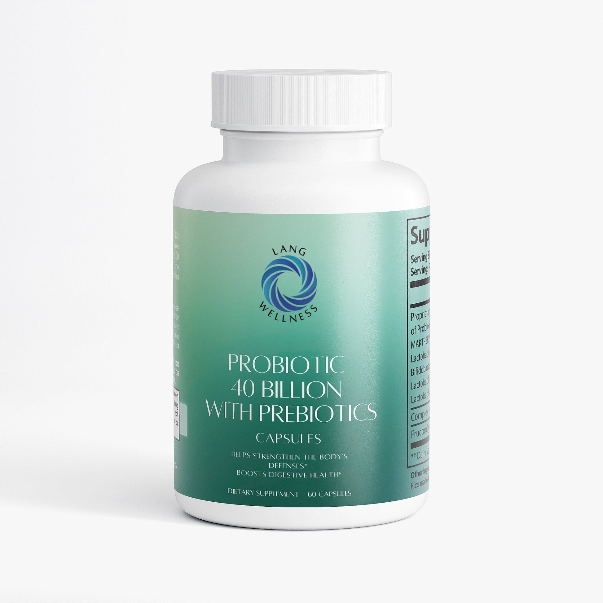 Probiotic 40 billion prebiotics bottle with front label