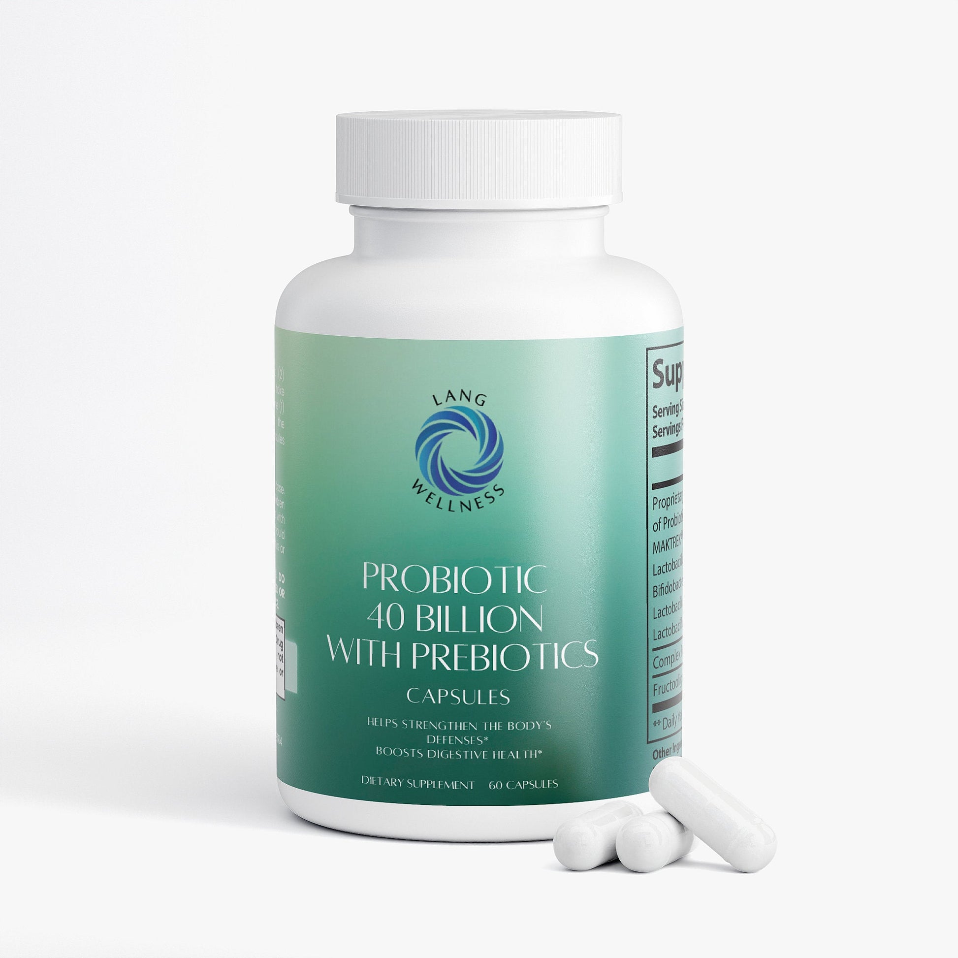 Probiotic 40 billion prebiotics bottle with white capsules on floor